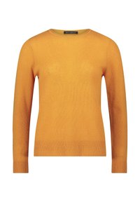 Musztardowy sweter, okr�ągły dekolt, długie rękawy, ściągacze na mankietach i dolnym brzegu, tekstura dzianiny, metki na wewnętrznej stronie dekoltu.