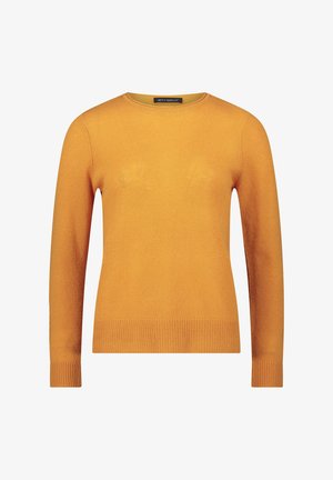 Pull de couleur jaune moutarde, col rond, manches longues, poignets et ourlet côtelés, texture tricotée, étiquettes sur l'encolure intérieure.