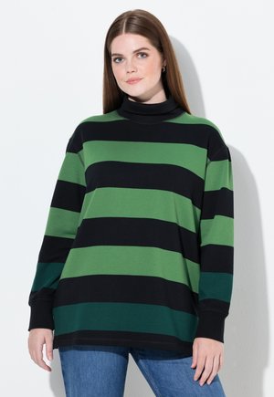 Grün und schwarz gestreifter oversized Pullover mit hohem Kragen, aus weichem Stoff gefertigt, mit langen Ärmeln und einem lässigen Schnitt.