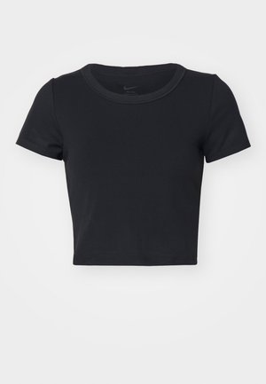 Zwart cropped T-shirt gemaakt van zachte, rekbare stof. Beschikt over een ronde halslijn en korte mouwen met een eenvoudig ontwerp.