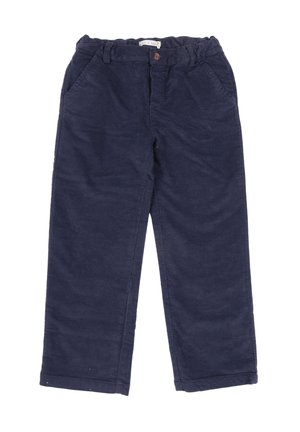 Pantaloni in cotone blu navy con vita elastica, tasche frontali e chiusura con un solo bottone. Tessuto testurizzato con una finitura liscia.