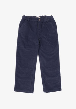 Pantaloni in cotone blu navy con vita elastica, tasche frontali e chiusura con un solo bottone. Tessuto testurizzato con una finitura liscia.