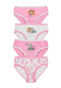 Quattro paia di mutandine per bambini in tessuti rosa e grigi. Ognuna presenta disegni di cani dei cartoni animati e motivi di impronte di zampe, con bordi a contrasto.