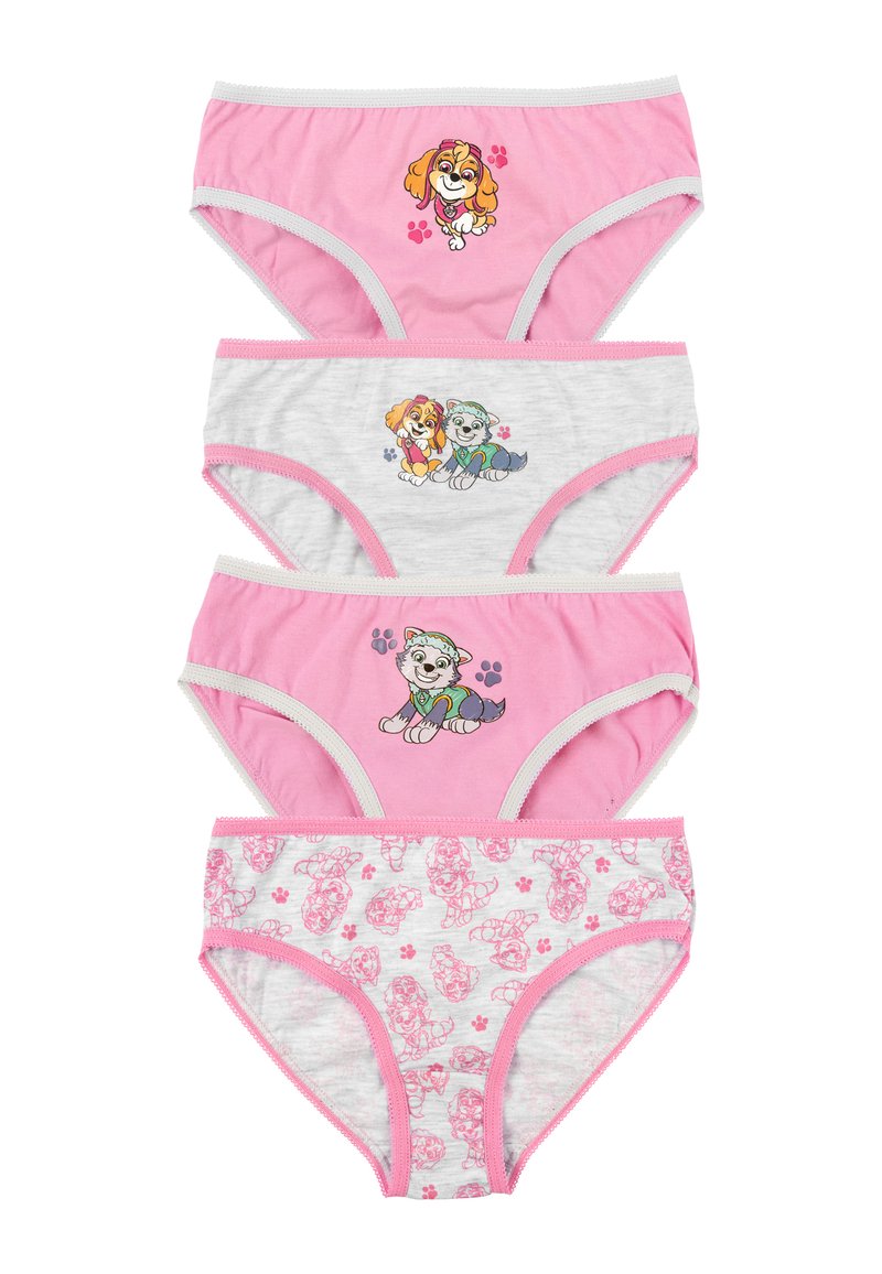 Quattro paia di mutandine per bambini in tessuti rosa e grigi. Ognuna presenta disegni di cani dei cartoni animati e motivi di impronte di zampe, con bordi a contrasto.