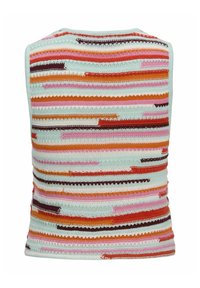 Camiseta de punto con un patrón a rayas multicolores en tonos de rosa, naranja, rojo y azul verdoso. Diseño sin mangas con un escote redondo.