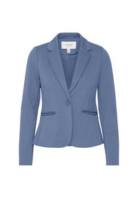 Blazer bleu clair cintré pour femme, manches longues, col cranté, fermeture par un bouton et deux poches fendues à l'avant.