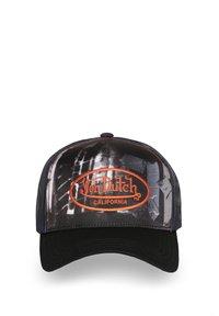 Casquette de camionneur noire et grise avec une visière courbée, présentant un design graphique et un logo orange "Von Dutch California" à l'avant.