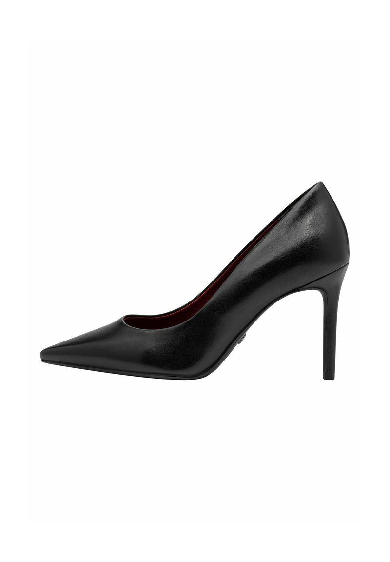 Black leather high heel pump with a pointed toe design, smooth texture, and a slim stiletto heel. Red interior lining.