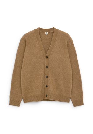 Brown wool cardigan with a v-neck, long sleeves, and six dark buttons down the front. Ribbed hem and cuffs, soft texture.