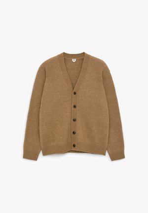 Brown wool cardigan with a v-neck, long sleeves, and six dark buttons down the front. Ribbed hem and cuffs, soft texture.