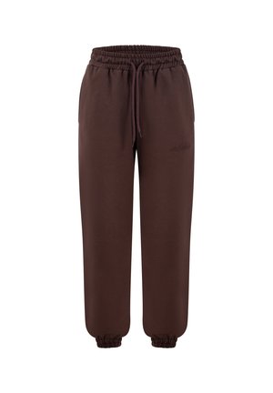 Donkerbruine sweatpants met elastische taille en boorden, zijzakken en aantrekkoord, ontworpen voor casual gebruik.