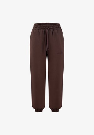 Donkerbruine sweatpants met elastische taille en boorden, zijzakken en aantrekkoord, ontworpen voor casual gebruik.