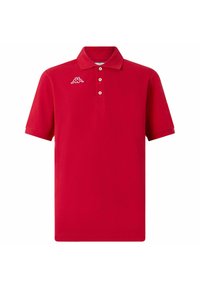 Polo rosso in cotone, con colletto classico, tre bottoni e un piccolo logo bianco sul lato sinistro del petto. Maniche corte.
