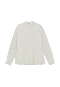 Vit långärmad blus med hög krage, texturerad tyg med horisontella ränder, och en rynkad nederkant med volangärmar.