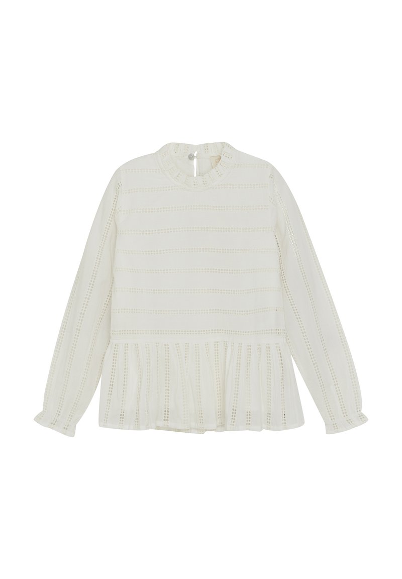 Vit långärmad blus med hög krage, texturerad tyg med horisontella ränder, och en rynkad nederkant med volangärmar.