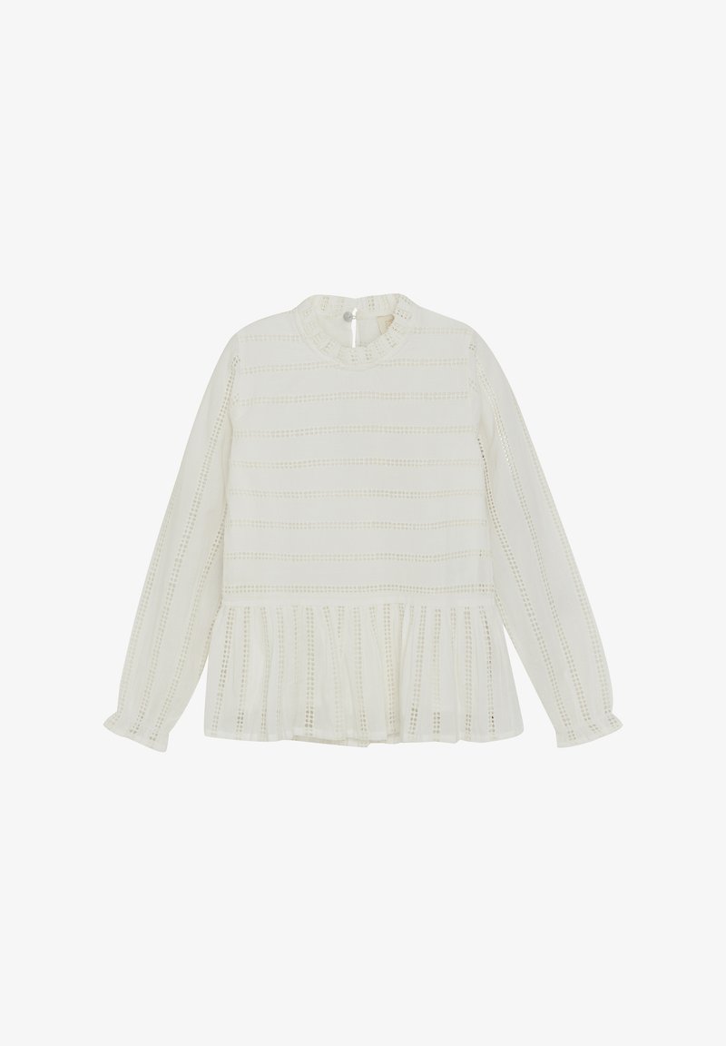 Witte blouse met lange mouwen en hoge hals, van textuurstof met horizontale strepen, en een verzameld onderste deel met rimpelige manchetten.