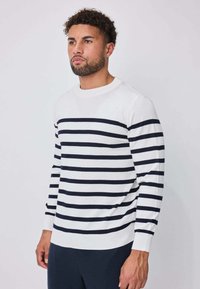 Pull blanc avec des rayures horizontales bleu marine, col rond et manches longues, en tissu doux et extensible.