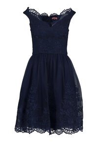 Navy blue dress with lace detailing, V-neck, cap sleeves, embroidered floral patterns, and layered tulle skirt with a scalloped hem.