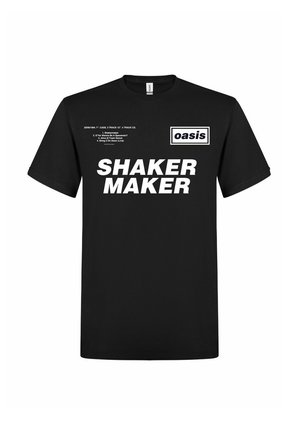 Sort bomulds t-shirt med fed hvid tekst, der læser "SHAKER MAKER" og "oasis," samt ekstra trykte detaljer foran.