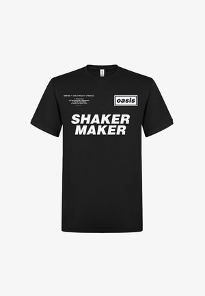 Sort bomulds t-shirt med fed hvid tekst, der læser "SHAKER MAKER" og "oasis," samt ekstra trykte detaljer foran.