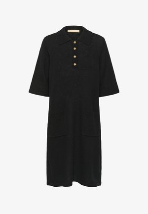 Fekete, rövid ujjú, galléros kötött ruha, négy arany gombbal a stólán, és két elülső zsebből álló, térd hosszúságú.