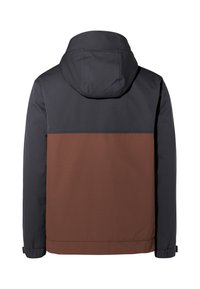 Giacca con cappuccio caratterizzata da un design color block con una sezione superiore grigio scuro e una sezione inferiore marrone, realizzata in tessuto morbido e testurizzato.