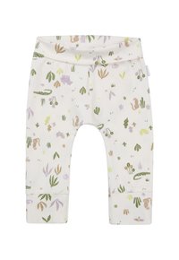 Legginsy w kolorze kremowym z zabawnym wzorem w kwiaty i zwierzęta w zielonych, fioletowych i złotych akcentach. Miękki, elastyczny materiał bawełniany.