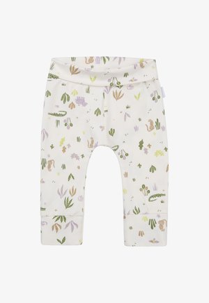 Leggings couleur crème avec un motif floral et animal ludique dans des accents verts, violets et dorés. Matériau en coton doux et extensible.