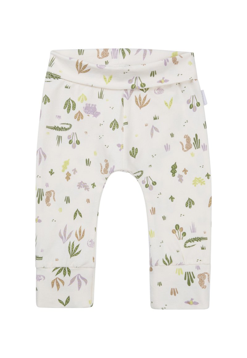 Legginsy w kolorze kremowym z zabawnym wzorem w kwiaty i zwierzęta w zielonych, fioletowych i złotych akcentach. Miękki, elastyczny materiał bawełniany.