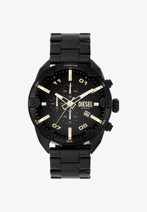 Schwarze Diesel-Armbanduhr mit goldfarbenen Markierungen, drei Chronographen-Subzifferblättern, Datumsanzeige bei 4 Uhr und Gliederarmband aus Metall.