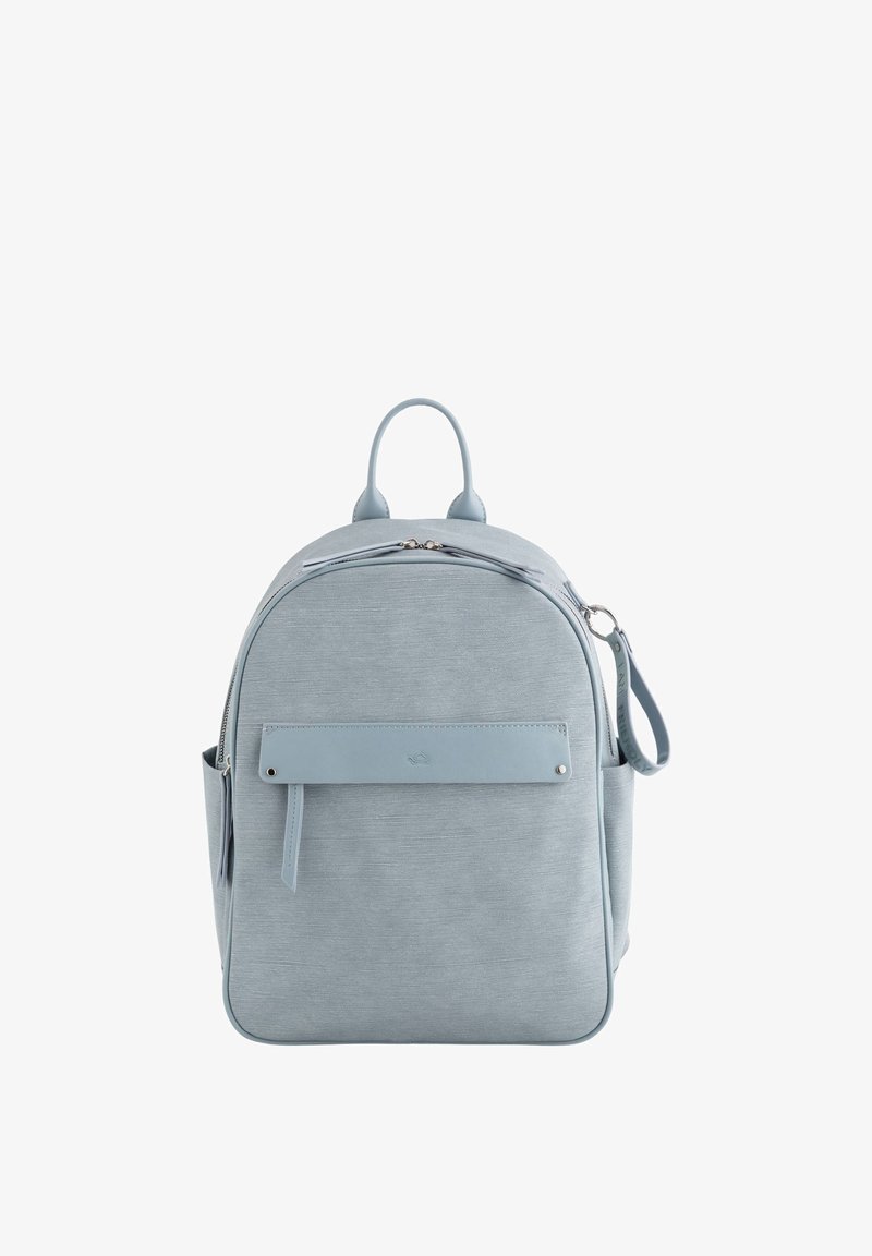 Light blue backpack with a smooth texture, front zipper pocket, top handle, and side pockets. Subtle pattern on the fabric.