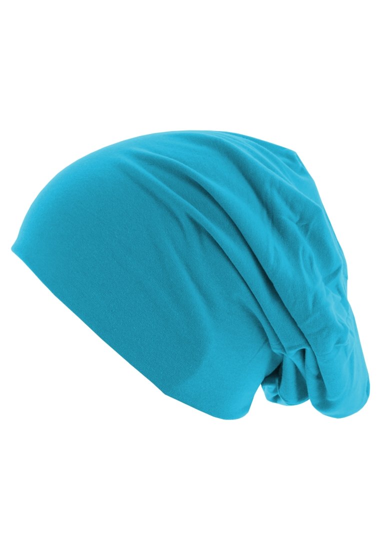 Turquoise cotton beanie with a slouchy design, featuring soft texture and loose fit. Smooth exterior with draped fabric details.