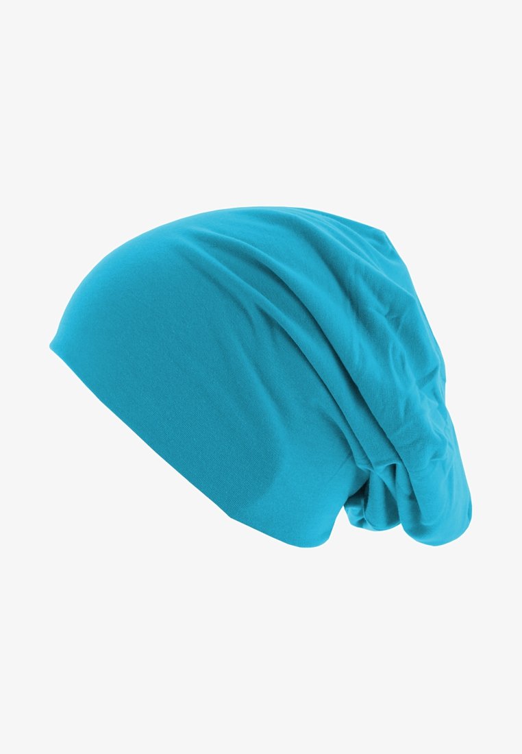 Türkiz színű pamut sapka, laza kialakítással, amely puha tapintású és bő szabású. Sima külsejű, redőzött szövet részletekkel.