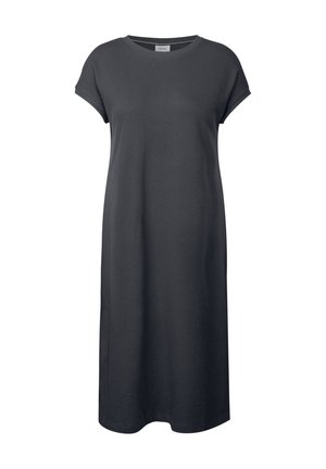 Dunkelgraues, knielanges Kleid aus Strukturstoff. Verfügt über einen runden Ausschnitt und kurze Ärmel, mit einer lässigen, geraden Passform.