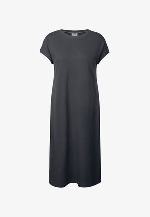 Dunkelgraues, knielanges Kleid aus Strukturstoff. Verfügt über einen runden Ausschnitt und kurze Ärmel, mit einer lässigen, geraden Passform.