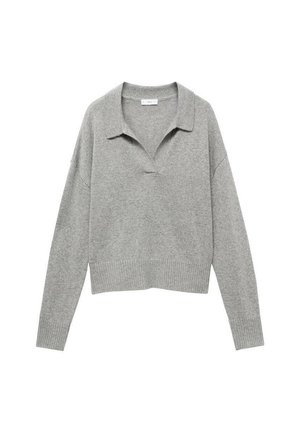 Hellgrauer Strickpullover mit langen Ärmeln, gerippten Bündchen und Saum sowie einem offenen V-Ausschnitt mit einem umgeschlagenen Kragen.