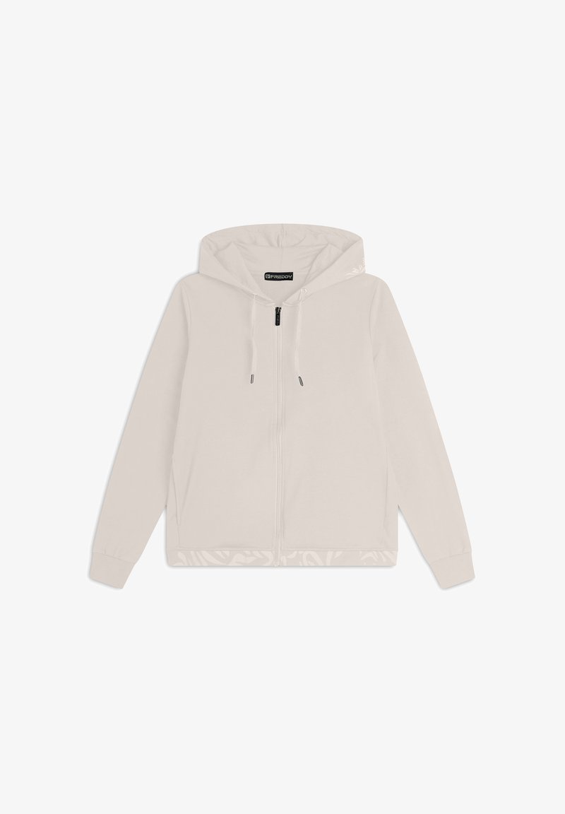 Felpa con zip grigia chiara, dotata di un ampio cappuccio, maniche lunghe e orlo testurizzato. Presenta lacci e un'etichetta con logo sul collo.