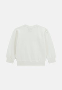 White sweatshirt with long, puffed sleeves, ribbed cuffs and hem, and a small back label. Smooth cotton blend material. Simple design.