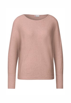 Ljust rosa tröja med en avslappnad passform, rund halsringning och långa ärmar. Texturerade ribbade muddarna och nederkant ger detaljer till designen.