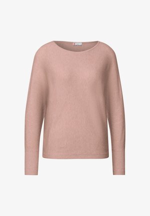 Jasnoróżowy sweter o luźnym kroju, okrągłym dekolcie i długich rękawach. Teksturowane ściągacze i dół nadają detalom wyjątkowy charakter.