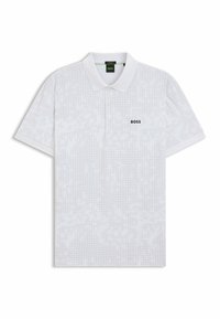Vit polo shirt med ett subtilt geometriskt mönster, korta ärmar och en klassisk krage. Har en svart "BOSS"-logotyp på bröstet.
