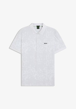 White polo shirt with a subtle geometric pattern, short sleeves, and a classic collar. Features a black "BOSS" logo on the chest.