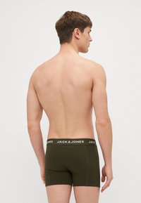 Grüne Baumwoll-Boxershorts mit einem schwarz-weißen elastischen Bund mit Logo, von hinten betrachtet, Modell hat kurze Haare.