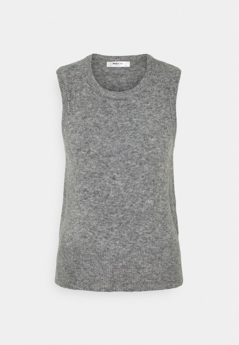 Gilet sans manches en tricot gris avec col rond et ourlet côtelé, présenté sur un fond blanc.