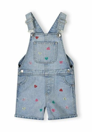 Krótkie ogrodniczki jeansowe z regulowanymi szelkami oraz wielokolorowymi haftowanymi wzorami serc na przednich kieszeniach i nogawkach.