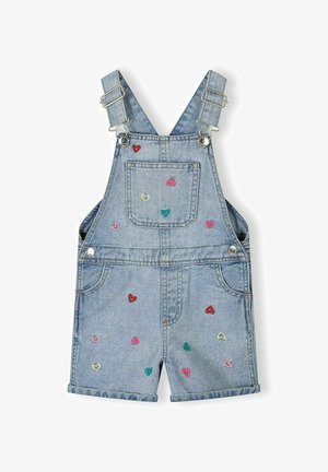 Denim short overalls with adjustable straps and multicolored embroidered heart patterns on front pockets and legs.