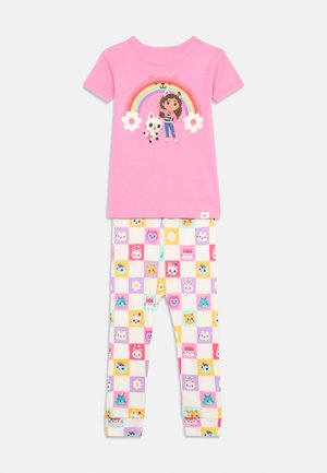 Pink short-sleeve shirt with girl and cat under rainbow, paired with checkered leggings featuring multicolored cartoon cat faces and flowers.