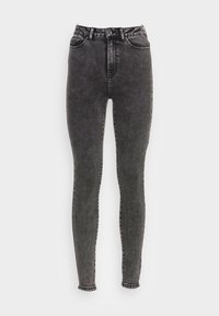 Jeans skinny de tiro alto en negro con un acabado suave, bolsillos frontales y cierre de botón, exhibidos sobre un fondo blanco liso.