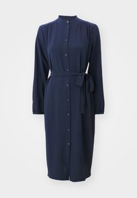 Navy blue dress made of soft fabric, featuring a stand collar, long sleeves, front buttons, and a belted waist for adjustable fit.