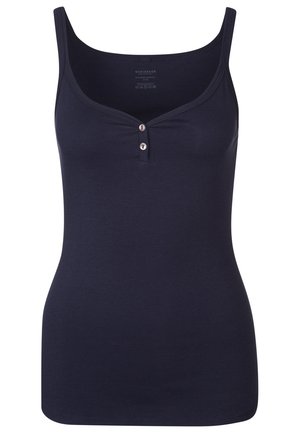 Navy tanktop van zacht, rekbaar materiaal, met een ronde hals, smalle schouderbanden en twee knoopaccenten op de borst.